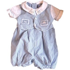 Carriage Boutiques Boy Romper 18M Blue & White Gingham Embroidered Vintage